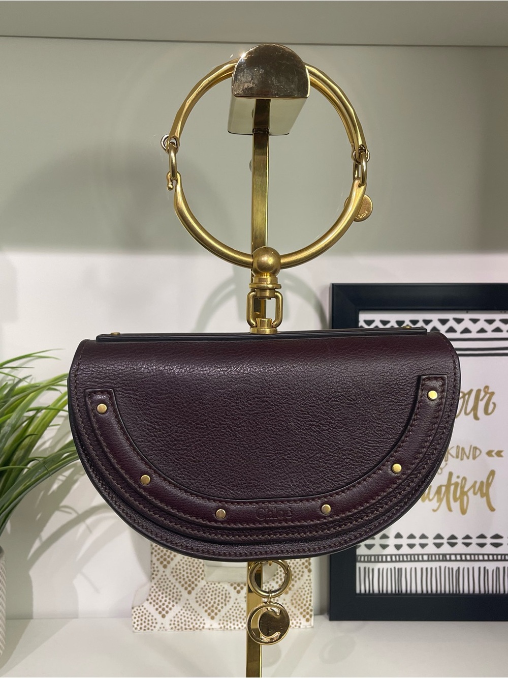 Chloé Nile Half-Moon Leather Wristlet in Deep Purple with Gold Hardware